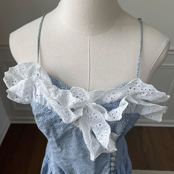 Vintage 80s Sweetheart Midi Fit Flare Romantic Feminine Dress Blue White Lace S - Picture 3 of 10